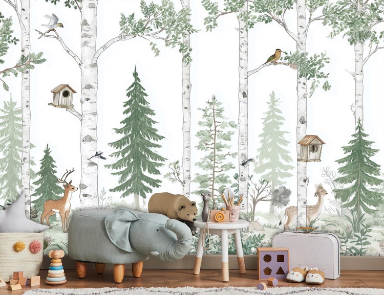 Kinderzimmer mit Waldtapete, Elefantenhocker und Spielzeug