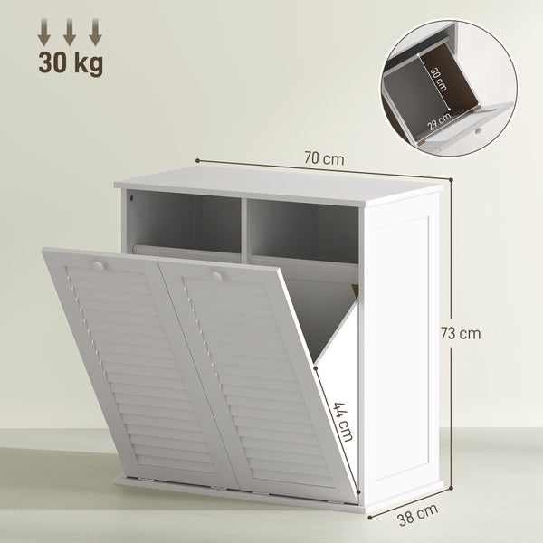 HOMCOM Wäscheschrank, Badschrank mit 2 Wäschekörben, Badezimmerschrank mit Griffen, Lamellentüren Wäschesammler Badmöbel für Badezimmer 70 x 38 x 73 cm Weiß