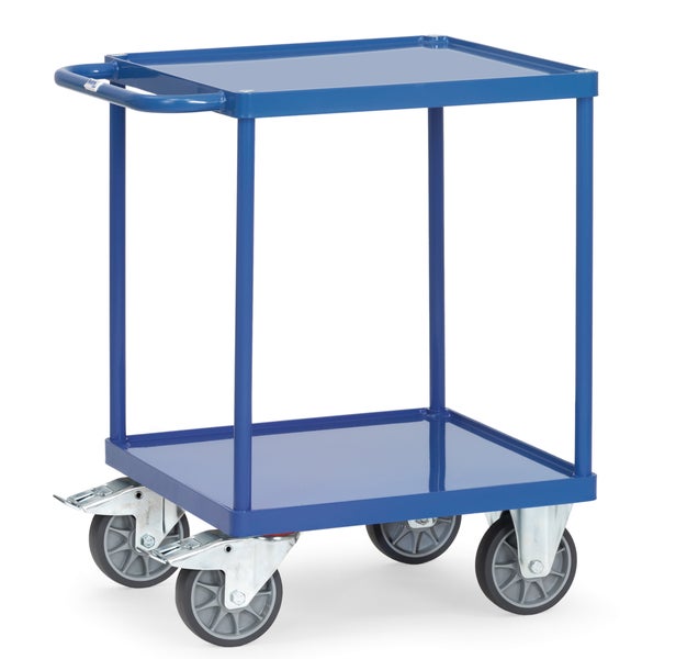 Blauer Transportwagen mit zwei Ablageflächen und vier Rädern