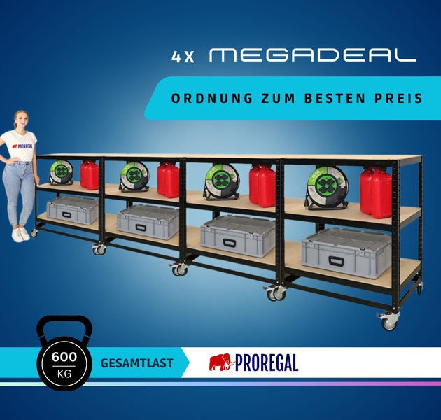 Vier fahrbare Werkbänke von Proregal mit einer Gesamtlast von 600 Kilogramm für Werkstatt und Lagerung. Proregal Logo.