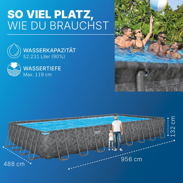 Rechteckiger Pool mit Stahlrahmen, Wasserkapazität 52231 Liter, maximale Wassertiefe 119 Zentimeter, Abmessungen 488 mal 956 mal 132 Zentimeter