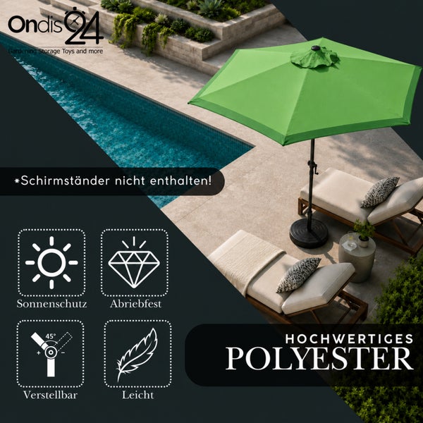 Grüner Sonnenschirm aus hochwertigem Polyester am Pool mit Liegen. Symbole für Sonnenschutz, abriebfest, 45 Grad verstellbar, leicht. Ondis24 Logo.