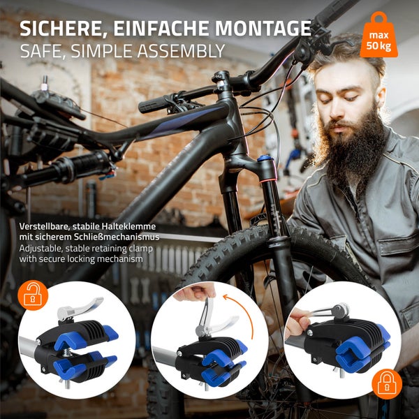 ECD Germany Fahrradmontageständer E-Bike Reparaturständer 360° drehbar/höhenverstellbar 105-185cm, Fahrradständer robust für alle Fahrradarten bis 50kg, Stativfuß 4-beinig, Magnetischer Werkzeugablage