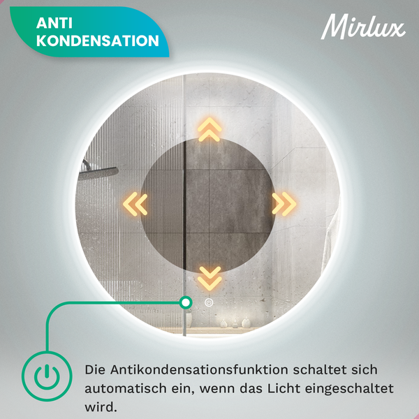 Mirlux Badezimmerspiegel mit LED Beleuchtung, Wandspiegel Rund,  Anti Kondensations Duschspiegel,  80CM