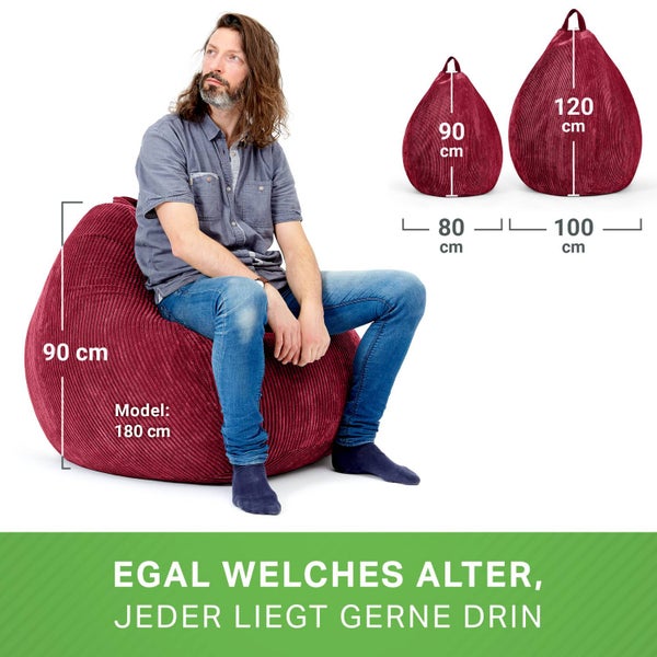 Green Bean Indoor Sitzsack 90x110cm EPS-Perlen Füllung & Cordstoff Kuschelig Weich Waschbar - Drinnen Bodenkissen Liegekissen Sitzkissen Sitzhocker Relax-Sessel Kinder Erwachsene Stoff Rot
