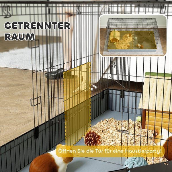 PawHut Kleintierkäfig, Kleintierstall mit Rampe, Trennwand, Nagerkäfig mit abnehmbarem Verdeck, Stoffboden, Kaninchenkäfig für Kleintiere Stahl Schwarz
