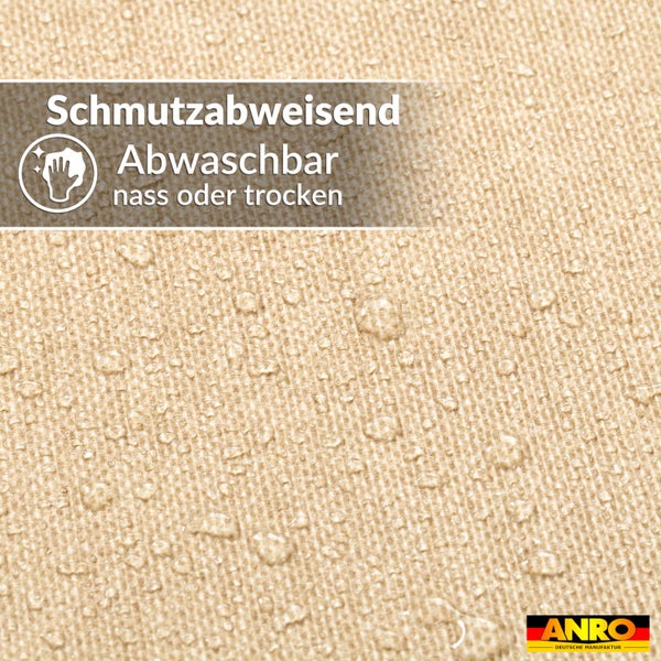 Schmutzabweisendes und abwaschbares Gewebe mit Wassertropfen. ANRO Logo.