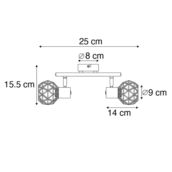 Abmessungen einer Deckenleuchte: 25 cm breit, 15,5 cm hoch, Lampenschirmdurchmesser 9 cm, Lampenfußdurchmesser 8 cm