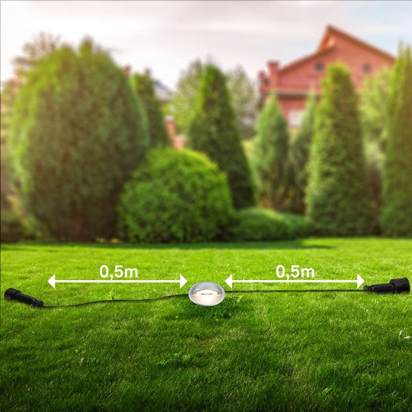 Runde Garten-Bodenleuchte auf einer Rasenfläche mit einer Kabellänge von 0,5 Metern zu beiden Seiten.