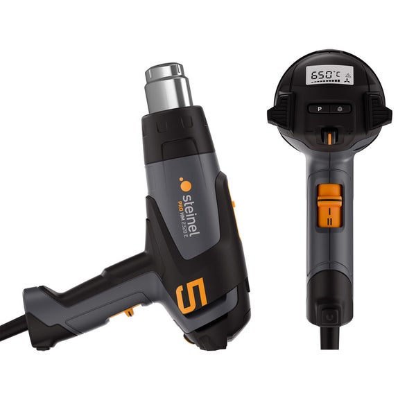 Heißluftgebläse Steinel HG 2320 E in Seitenansicht und Rückansicht mit digitaler Anzeige für 650 Grad und Steinel Logo.