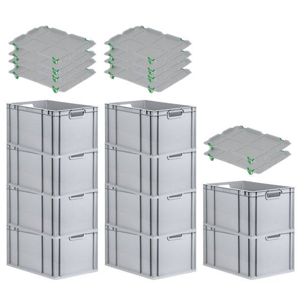 PROREGAL SparSet 10x Eurobox NextGen Grip mit Auflagedeckel mit 4 Grünen Schiebeschnappverschlüssen HxBxT 32 x 40 x 60 cm 65 Liter