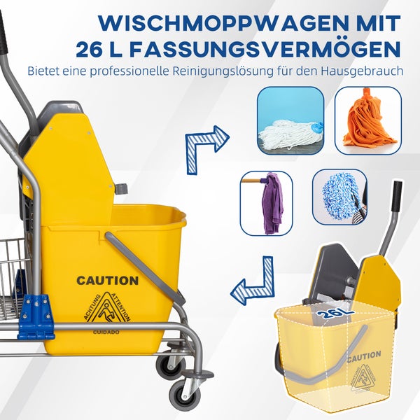 Wischmoppwagen mit 26 Liter Fassungsvermögen und Presse für die professionelle Bodenreinigung im Haushalt oder Gewerbe.