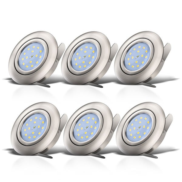 Sechsteiliges Set LED Einbaustrahler aus gebürstetem Metall mit flachem Design und Klemmfedern.