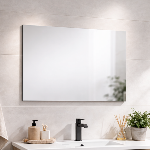 Rechteckiger Badezimmerspiegel über einem Waschbecken mit Armatur