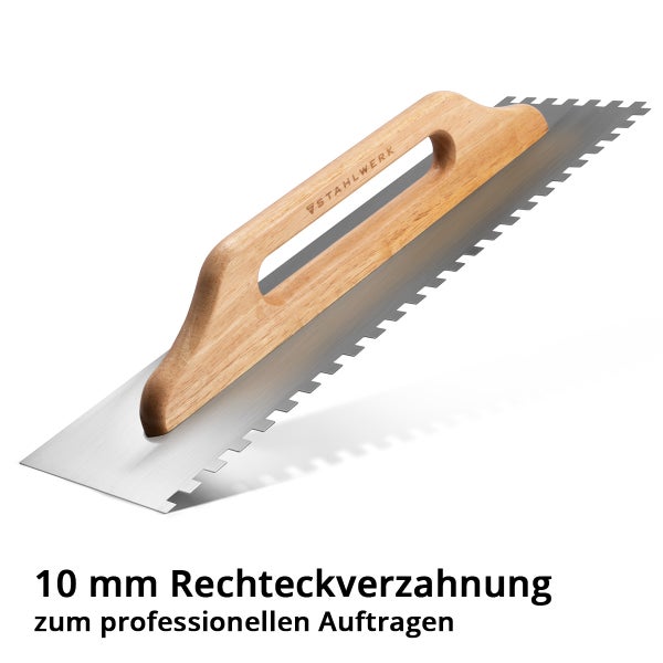 Stahlwerk Glättkelle mit 10 Millimeter Rechteckverzahnung, Holzgriff und Edelstahlblatt für professionelles Auftragen.