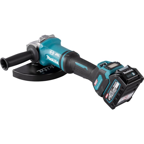 Makita Akku-Winkelschleifer mit bürstenlosem Motor, 40 Volt Max XGT Akku und seitlichem Zusatzhandgriff.