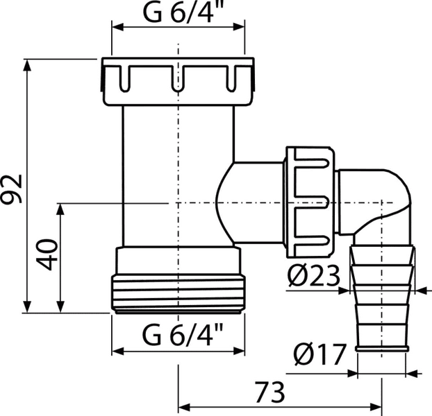 Technische Zeichnung eines Siphon-Anschlussstücks mit Abmessungen in Millimetern und Zollgewinde G 6/4 Zoll.