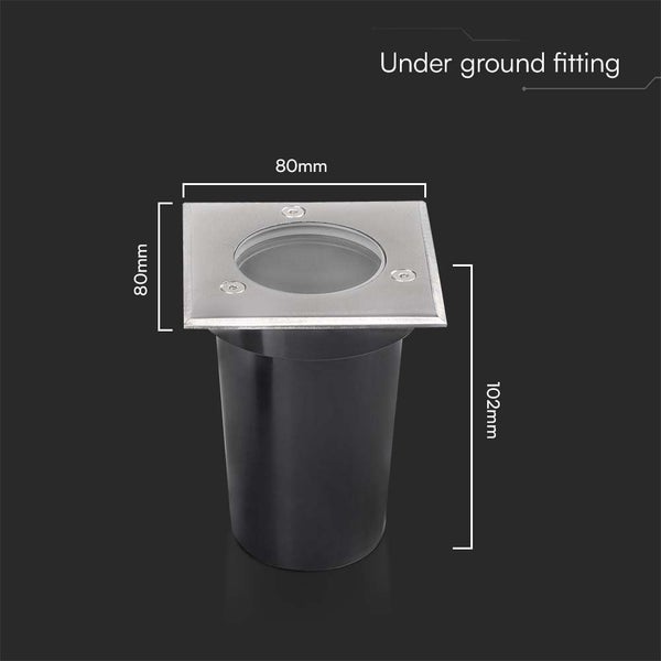 Bodeneinbaustrahler mit den Maßen 80 mm x 80 mm und einer Höhe von 102 mm.