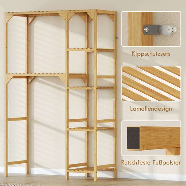 Bambusregal mit Lamellendesign, Kippschutzset und rutschfesten Fußpolstern. Offenes Standregal für Waschmaschine oder WC.