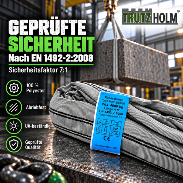 Trutz Holm Rundschlinge aus Polyester, 4000 Kilogramm Tragfähigkeit, 4 Meter Länge, geprüft nach EN 1492-2:2008 mit Sicherheitsfaktor 7 zu 1.