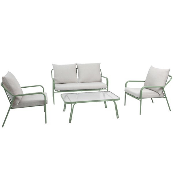 Gartenmöbel-Set aus Metall mit Zweisitzer-Sofa, zwei Sesseln und Loungetisch mit Glasplatte inklusive Polstern.