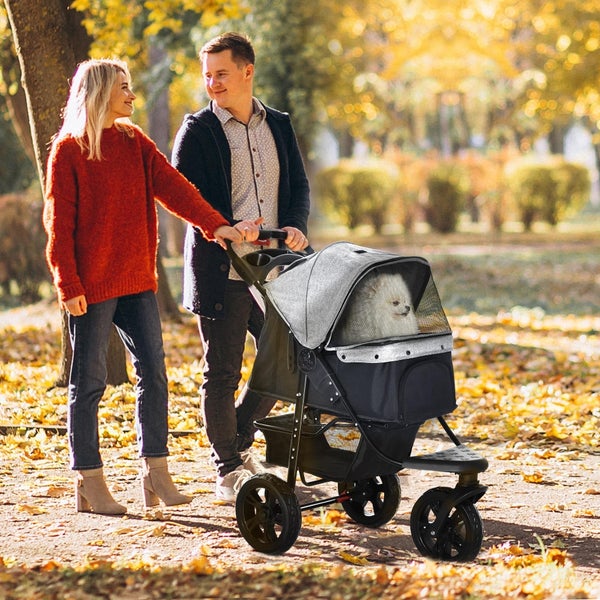PawHut Hundewagen Hundebuggy Katzenbuggy Pet Stroller mit 3 Rädern klappbar Hunde Katze Oxford Grau+Schwarz 109,5 x 57,5 x 106,5 cm