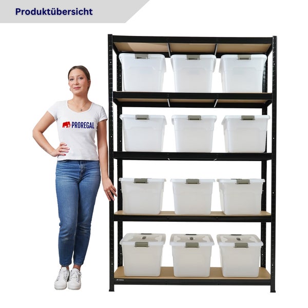 Schwarzes Schwerlastregal aus Metall mit fünf Fachböden und zwölf transparenten Aufbewahrungsboxen aus Kunststoff inklusive Deckeln.