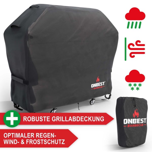 Robuste Grillabdeckung von ONBEST Barbecue mit Regen-, Wind- und Frostschutz inklusive Aufbewahrungstasche. ONBEST Barbecue Logo.
