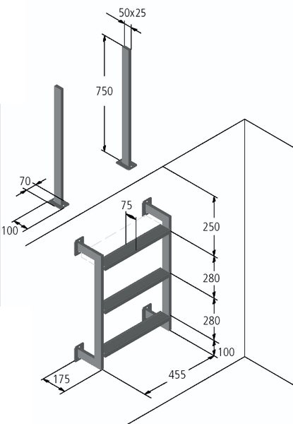 Technische Zeichnung eines Wandregals mit Maßen