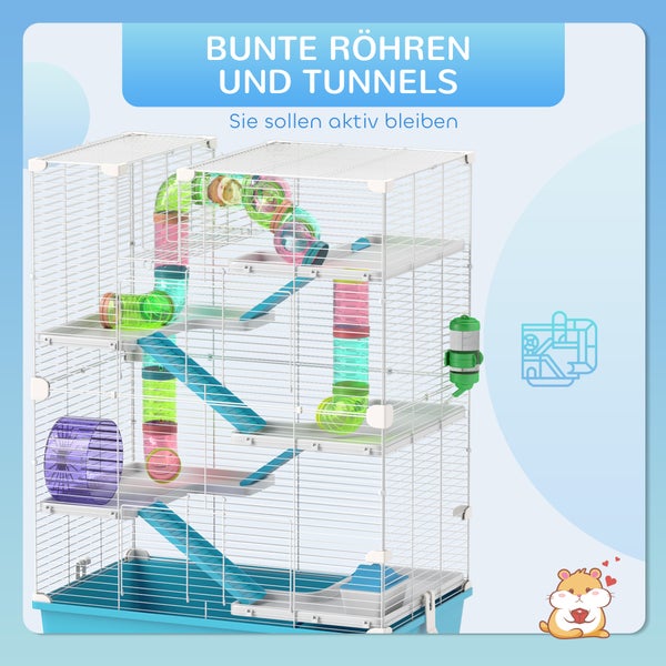 PawHut Hamsterkäfig, 6-stöckiger Kleintierkäfig mit Röhren, Tunnels, Hütte, Laufrad, Futterschale, Wasserflasche, Rampen, für Zwerghamster und Gerbils, 58 x 36 x 81 cm Hellblau