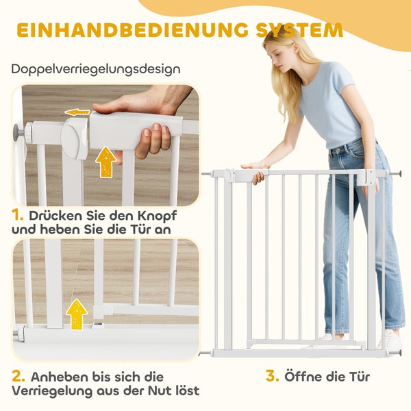 Einhandbedienungssystem mit Doppelverriegelung für Türschutzgitter. Anleitung in drei Schritten: Knopf drücken, Gitter anheben und öffnen.