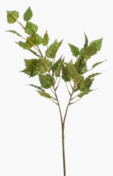 Künstlicher Birkenzweig mit grünen Blättern aus Textilmaterial für die Innendekoration.