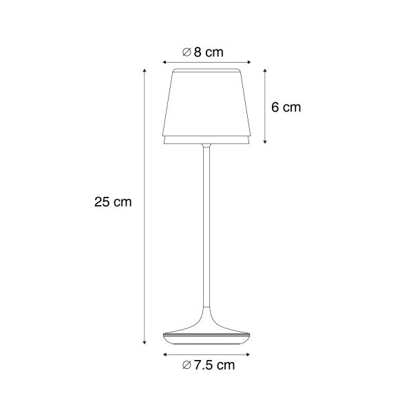 Maßzeichnung Tischleuchte: Gesamthöhe 25 Zentimeter, Schirmhöhe 6 Zentimeter, oberer Durchmesser 8 Zentimeter, Fußdurchmesser 7,5 Zentimeter.
