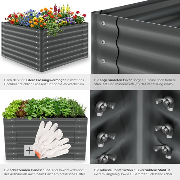 Hochbeet aus anthrazitfarbenem verzinktem Stahl mit 600 Litern Fassungsvermögen, abgerundeten Ecken, inklusive Gartenhandschuhen und Montagedetails.