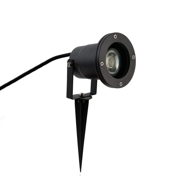 Schwarzer LED-Gartenstrahler mit Erdspieß und verstellbarem Lampenkopf.
