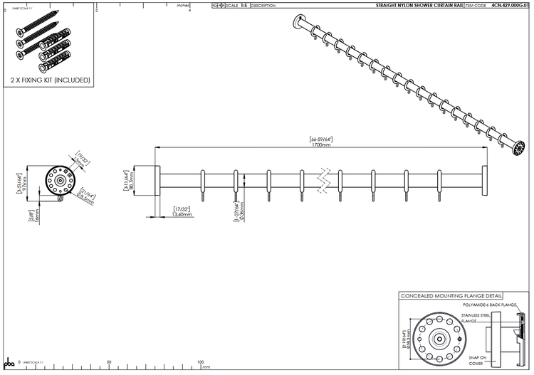 Technische Zeichnung einer geraden Duschvorhangstange aus Nylon mit Maßen in Millimeter, inklusive Befestigungsset, Vorhangringen und Wandmontage.