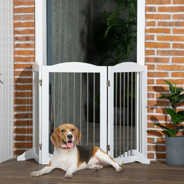 PawHut Hunde Absperrgitter, Türschutzgitter, Klappbares Hundegitter mit Ständer, 3 Platten, Treppenschutzgitter für Treppen, Flur, Weiß, 154 x 30 x 80 cm