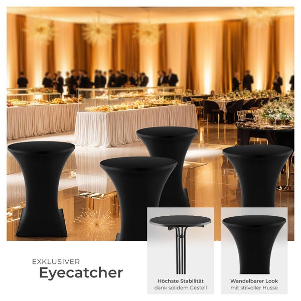 Stehtische mit schwarzer Husse in einer Veranstaltungslocation