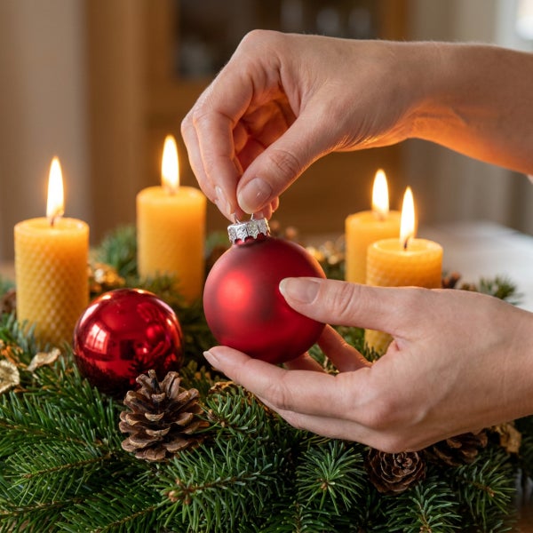Hände dekorieren einen weihnachtlichen Adventskranz mit Tannenzweigen, brennenden Kerzen und Weihnachtskugeln für eine festliche Stimmung.