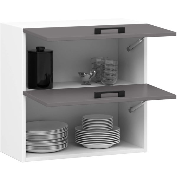 Küchenoberschrank mit Geschirr, Gläsern und Vorratsdose