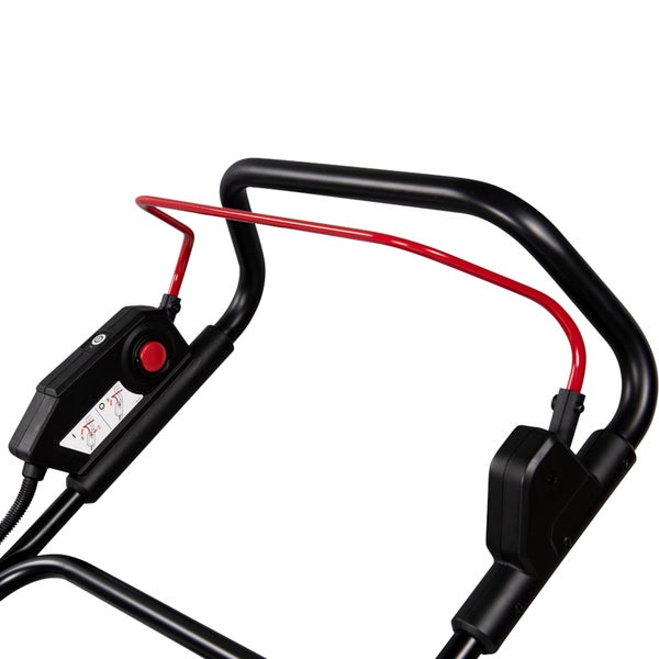 Detailansicht eines Rasenmähergriffs mit schwarzem Führungsholm, rotem Sicherheitsbügel und Bedieneinheit mit Startknopf.