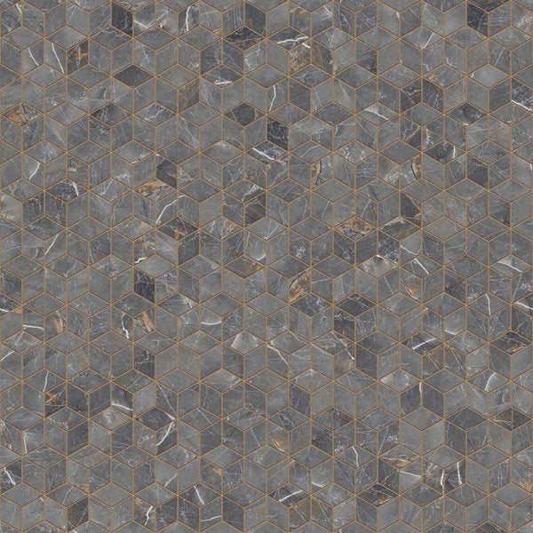 Geometrisches Mosaikfliesen Muster in dreidimensionaler Würfel Optik, Marmor Effekt grau mit goldenen Fugen