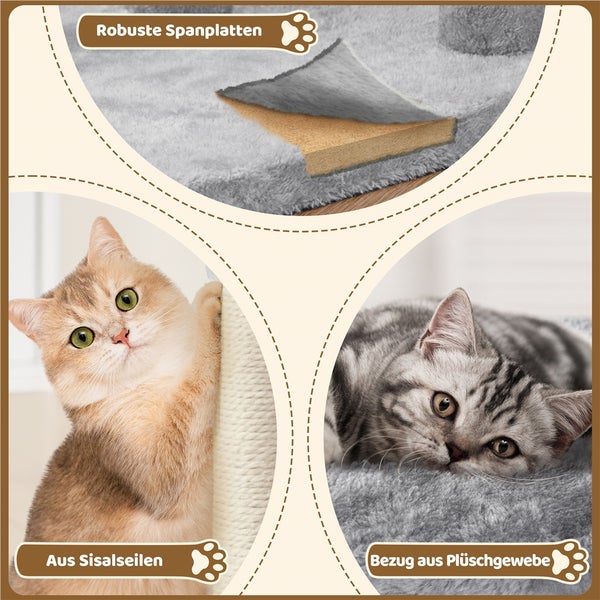 Illustration der Materialzusammensetzung eines Kratzbaums: Robuste Spanplatten, Sisalseile und Bezug aus Plüschgewebe, sowie zwei Katzen