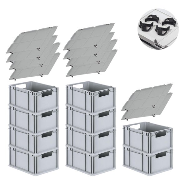 PROREGAL Spar Set 10x Eurobox Nextgen Economy Mit Auflagedeckel & 4x Schiebeschnappverschlüsse Schwarz Griffe Offen HxBxT 22 x 30 x 40 cm 20 Liter