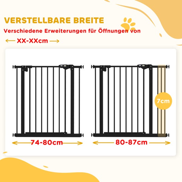 PawHut Türschutzgitter Hunde, Absperrgitter, 74-87 cm, Treppenschutzgitter für Haustier, Hundegitter inkl. Verlängerung, Schutzgitter ohne Bohren, Metall, Kunststoff, Schwarz