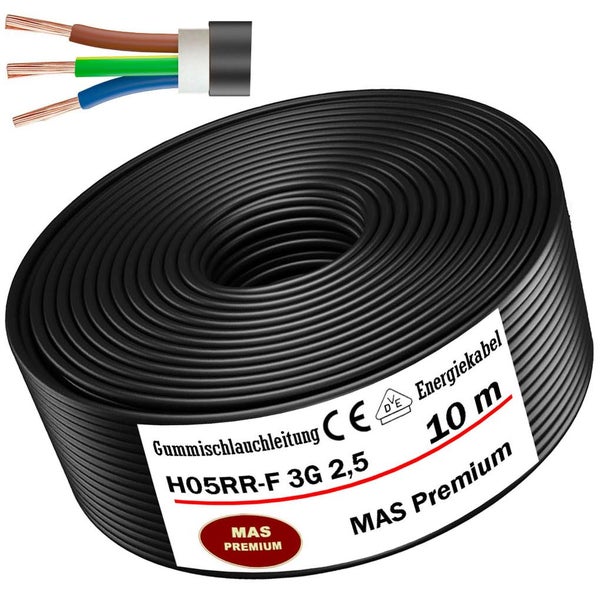 Gummischlauchleitung MAS Premium H05RR-F 3G 2,5, Energiekabel mit 10 Meter Länge, geprüfte elektrische Sicherheit und europäische Konformität.