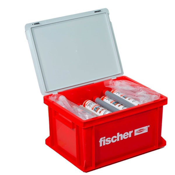 Offene rote Kunststoffbox mit grauem Deckel und mehreren Kartuschen Montagekleber