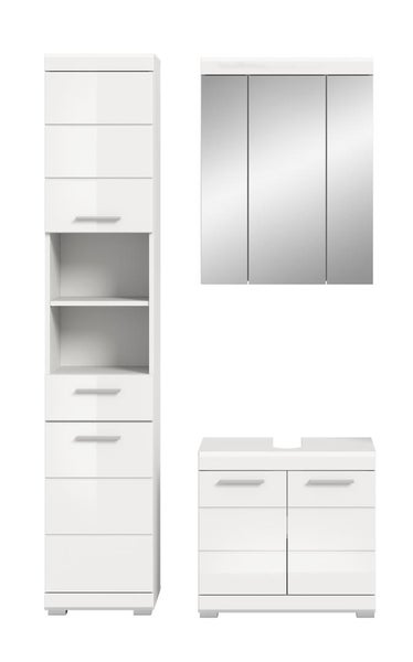 Dreiteiliges Badezimmermöbel Set in Weiß bestehend aus Hochschrank, Spiegelschrank und Waschtischunterschrank.