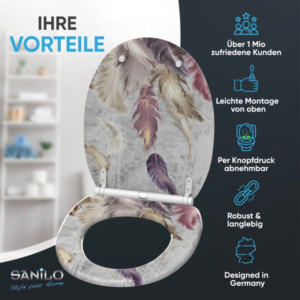 Sanilo Logo. Sanilo WC-Sitz mit Federmotiv, einfache Montage von oben, abnehmbar per Knopfdruck, robust und langlebig, Design aus Deutschland.