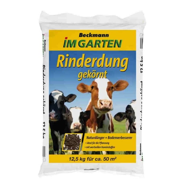 Sack Beckmann Rinderdung gekörnt, 12,5 Kilogramm, Naturdünger und Bodenverbesserer für etwa 50 Quadratmeter Gartenfläche.
